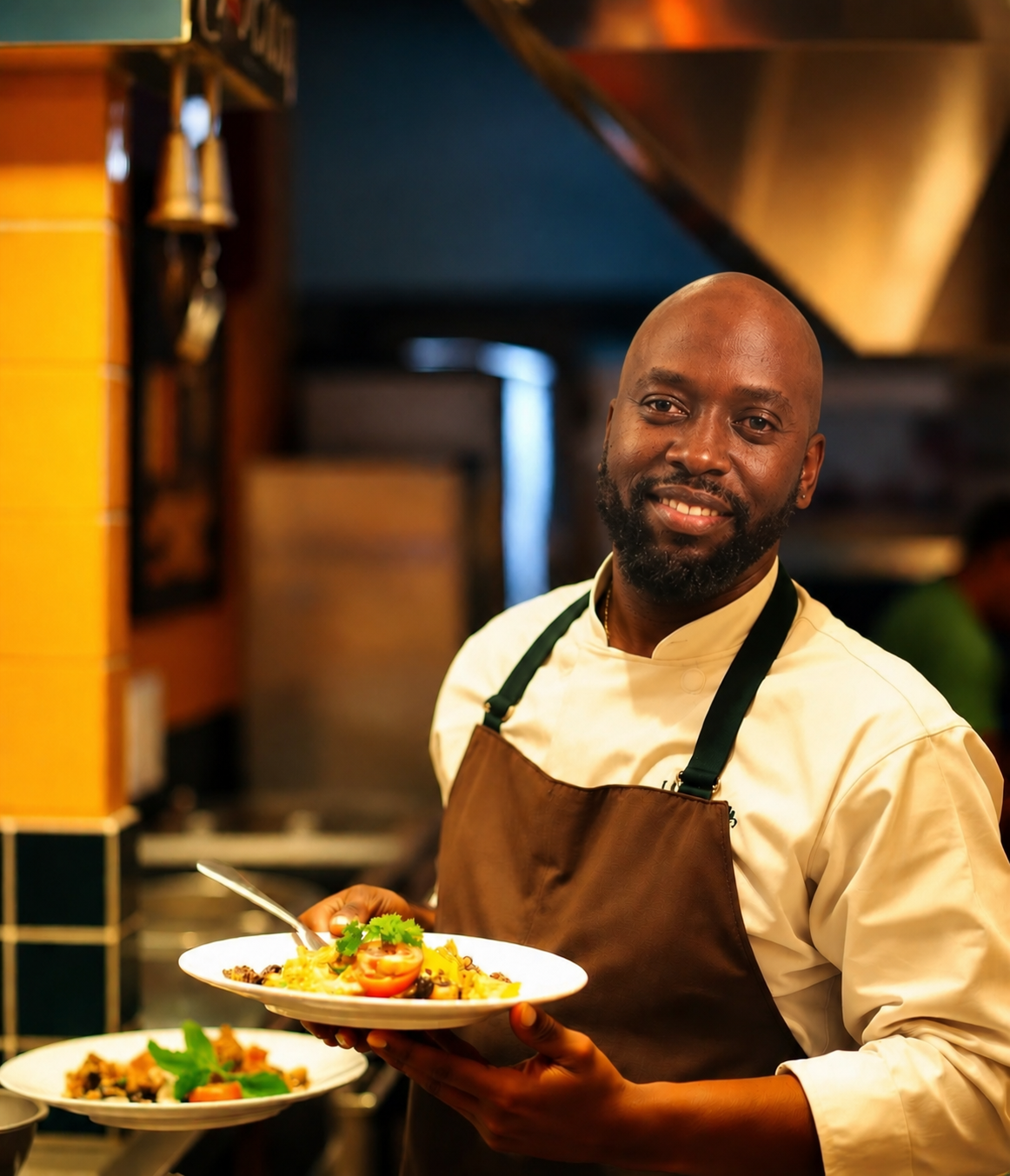 Chef plating Caribbean food